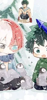 Adorable anime characters with penguins in a winter scene.