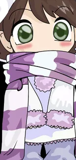 Cute anime character in a purple scarf and winter attire, green eyes, and rosy cheeks.