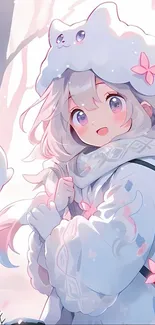 Anime artwork of a cute girl in winter setting with pink accents.