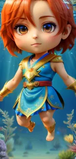 A cute animated character in a blue outfit floating underwater.