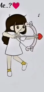 Cute cartoon girl archer with heart arrow aiming.