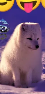 Cute arctic fox on snowy background with emojis and dragon design.