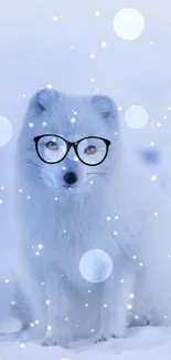 Playful arctic fox with glasses in snowy landscape.