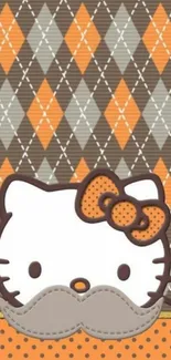 Cute argyle cat wallpaper with orange and brown tones.