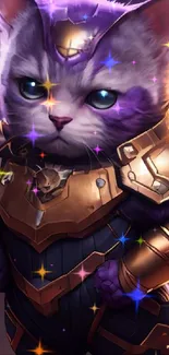 Cute cat in golden armor digital art.