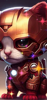 Adorable cat wearing metallic armor with glowing details.