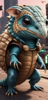 Cute armored lizard in vibrant urban setting with city backdrop.