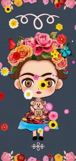 Cartoon Frida with flower crown and teddy bear on navy background.