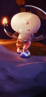 Cute astronaut standing on a planet under a starry sky.