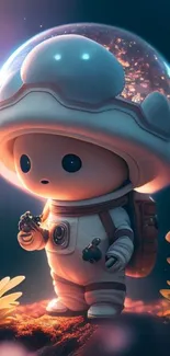 Charming astronaut with mushrooms in space