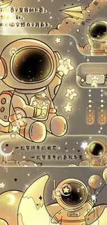 Cute astronaut in gold tones on a space-themed wallpaper.