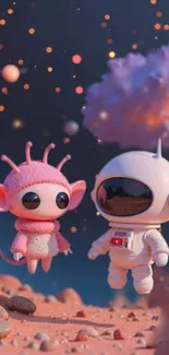 Cute astronaut and alien floating in a dreamy cosmic scene.