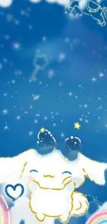 Whimsical blue mobile wallpaper with bunny and stars.