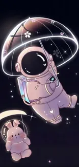 Cute astronaut and bunny floating with umbrellas in a starry space background.