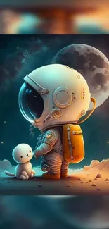 Cartoon astronaut and pet under moonlight.