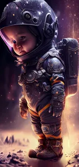 Adorable baby astronaut in a cosmic setting with glowing space gear.