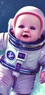 Adorable baby in astronaut suit floating in space.