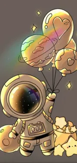 Cute astronaut floating with planet balloons.