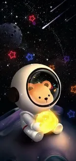 Cute bear astronaut with glowing orb in space.