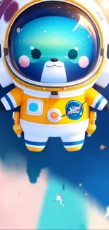 Cute astronaut bear in a colorful space-themed mobile wallpaper.