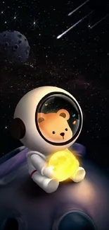 Cute astronaut bear in space holding a glowing orb.