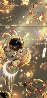 Cartoon bear astronaut exploring starry space with whimsical elements.