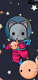 Cute cat astronaut floating in colorful space with stars and planets background.