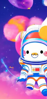 Cute astronaut cat in a colorful space setting with planets.