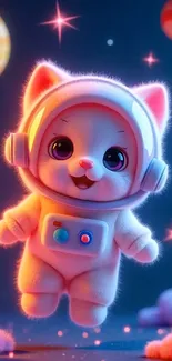 Adorable cartoon cat in astronaut suit floating in a whimsical galaxy.