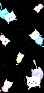 Cartoon cats in space suits floating in a starry night backdrop.