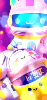 Cute astronaut characters with a colorful cosmic background.