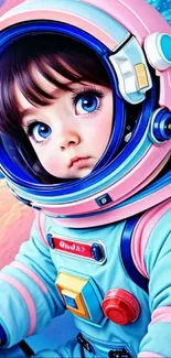 Adorable astronaut in digital art with vibrant colors and space background.