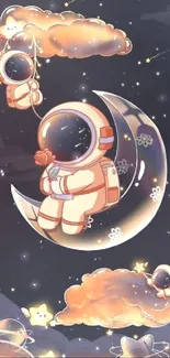 Cute astronaut on moon with stars and clouds in a dreamscape design.