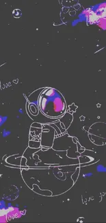 Cute astronaut floating in a dark galaxy surrounded by stars and planets.