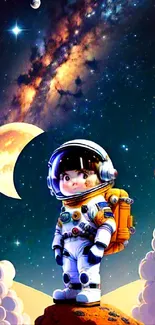 Charming cartoon astronaut on rocky planet under galaxy sky.