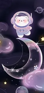 Cute astronaut on crescent moon in a starry purple galaxy mobile wallpaper.