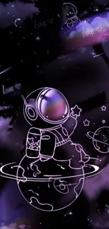 Cute astronaut floating in purple galaxy wallpaper.