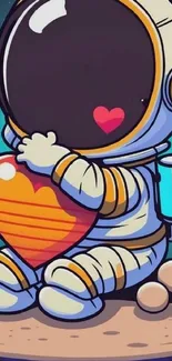 Cute astronaut holding heart on a planet, cartoon style.