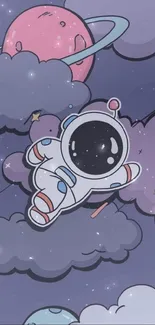 Cartoon astronaut floating among planets and clouds in space.