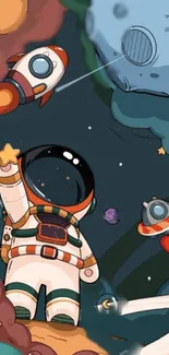 Cute astronaut in space with rockets and planets, whimsical phone wallpaper.