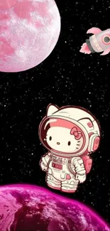 Cute kitty astronaut floating in pink space with planets.