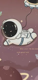 Adorable astronaut floating in pastel space wallpaper.