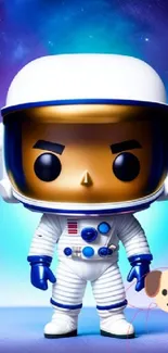 Cute astronaut figure in galaxy background.