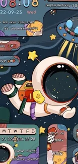 Cartoon astronaut floating in space with stars and planets.