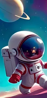 Cute astronaut in space with planets, perfect for a mobile wallpaper.