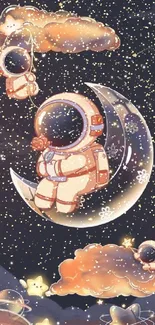 Adorable astronaut on crescent moon with starry clouds.