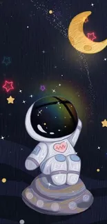 Cute cartoon astronaut with moon and stars on dark blue background.