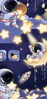 Cute astronaut surrounded by stars in a night sky.