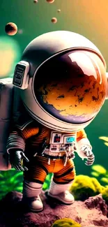 Cute astronaut on a vibrant alien planet with space backdrop.