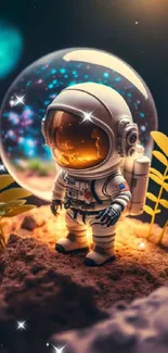 Adorable astronaut on an alien planet with vibrant colors and cosmic background.